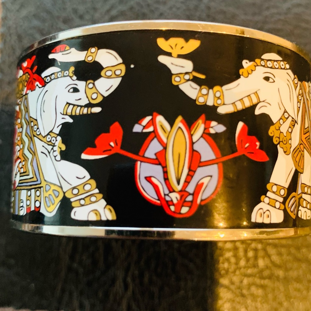 Hermes Black Enamel Extra Wide Bangle Silver Finish